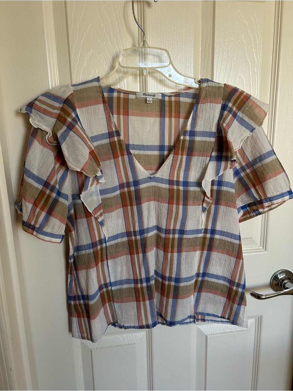 Madewell Multi‑Color Plaid V‑Neck Ruffle Sleeve Top